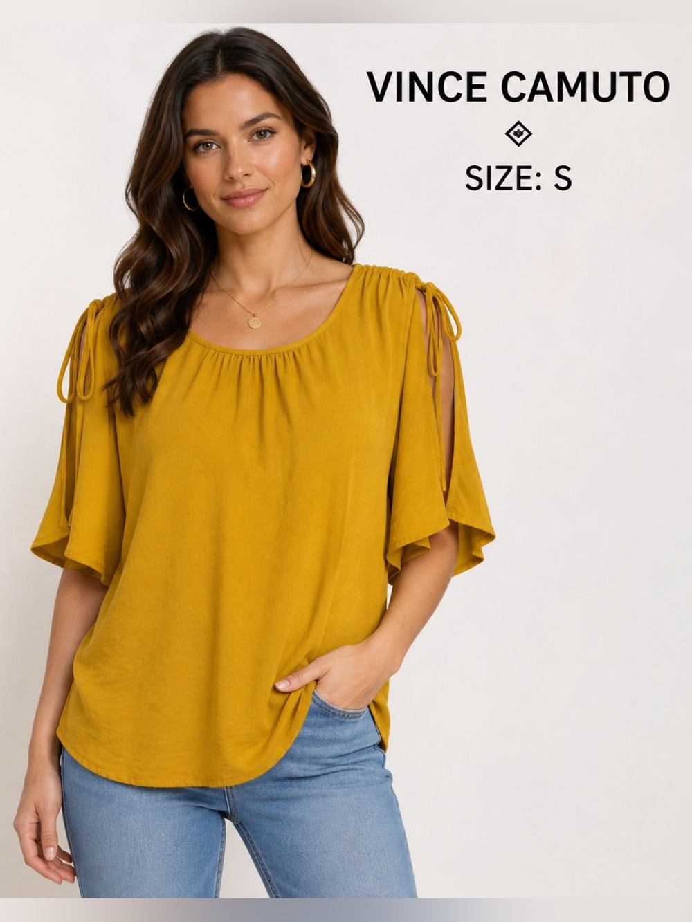 Vince Camuto Mustard Yellow Cold Shoulder Tie Sleeve boho blouse Size S